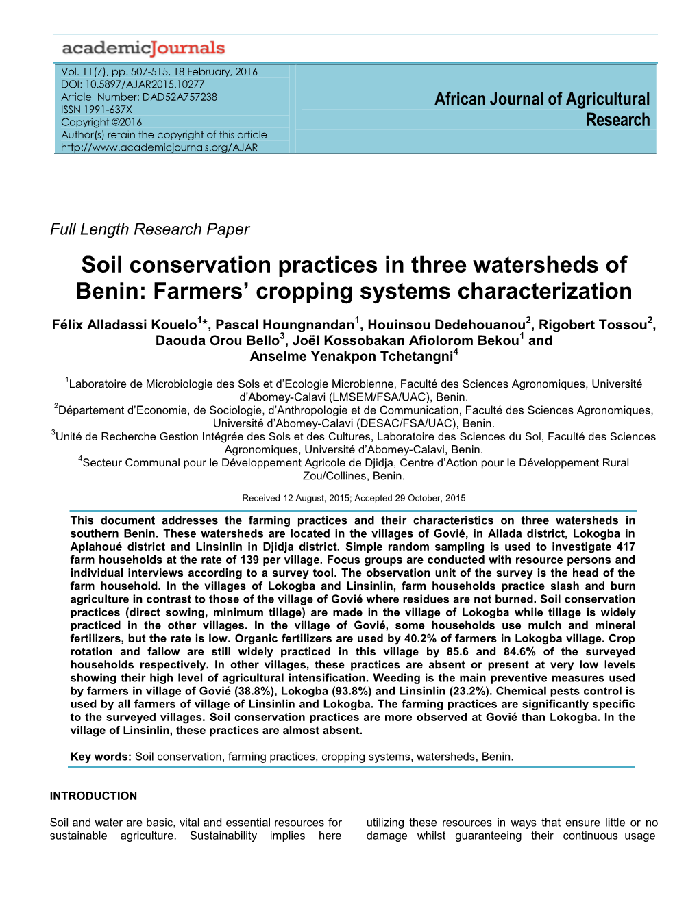 Soil Conservation Practices in Three Watersheds of Benin: Farmers’ Cropping Systems Characterization