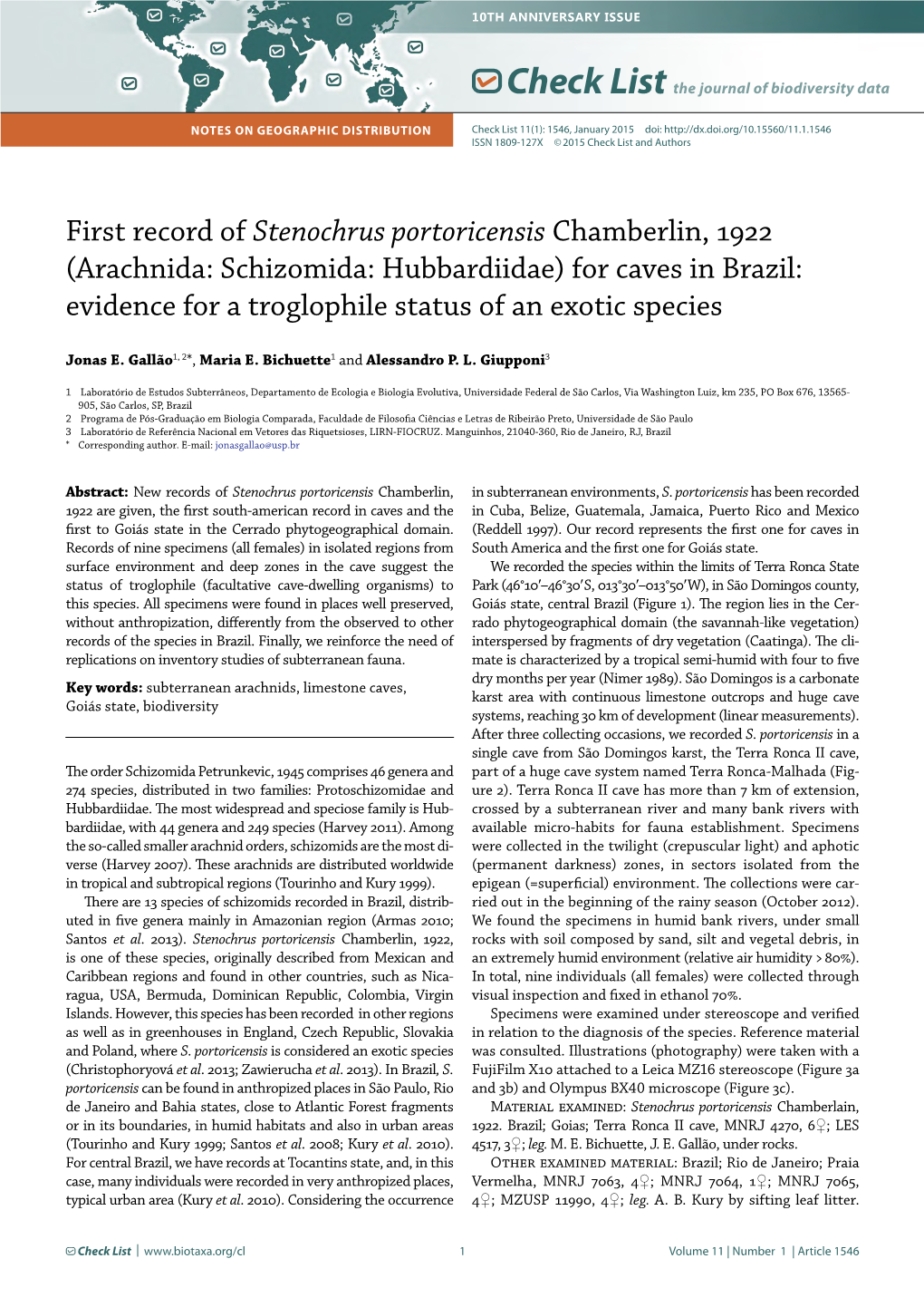 Stenochrus Portoricensis Chamberlin, 1922 (Arachnida: Schizomida: Hubbardiidae) for Caves in Brazil: Evidence for a Troglophile Status of an Exotic Species