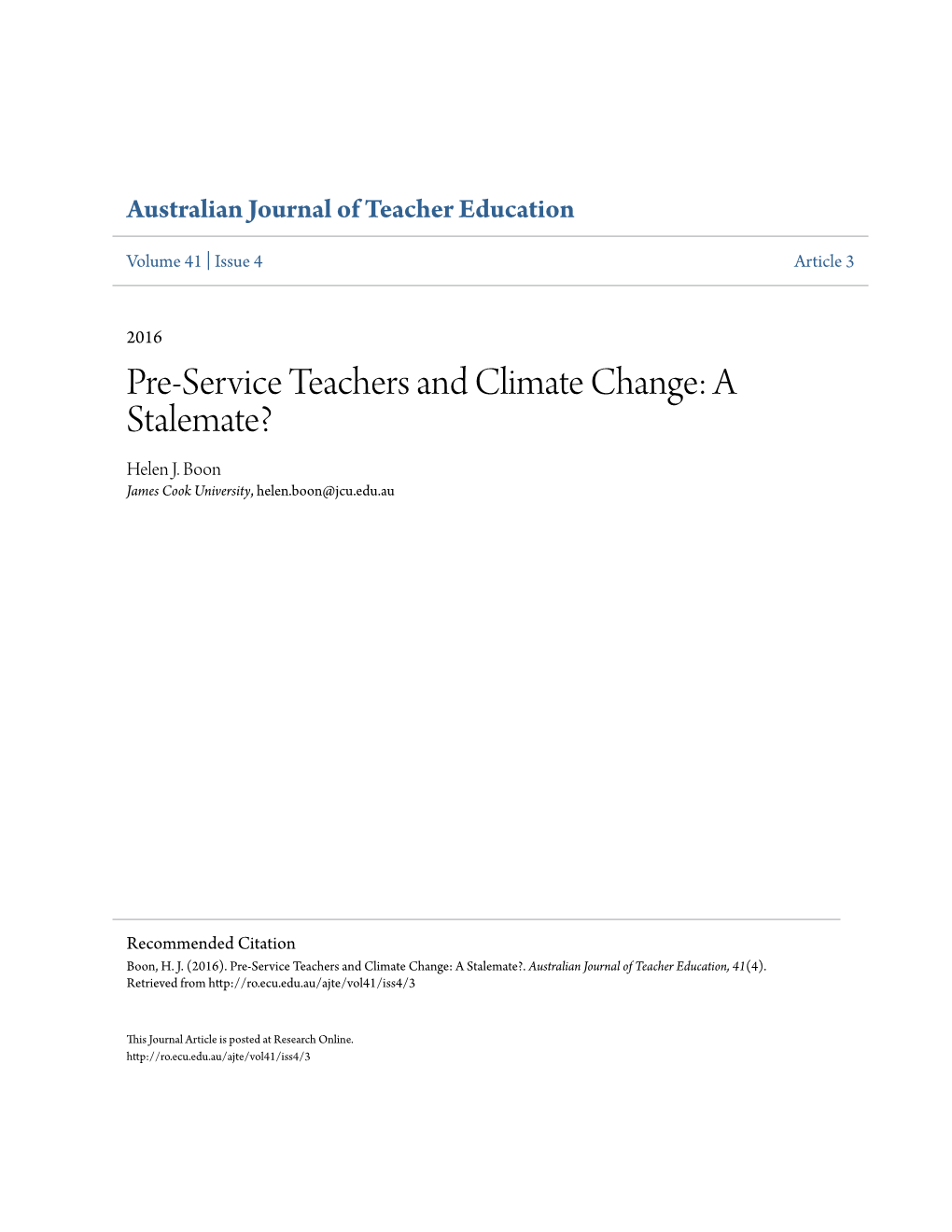 Pre-Service Teachers and Climate Change: a Stalemate? Helen J