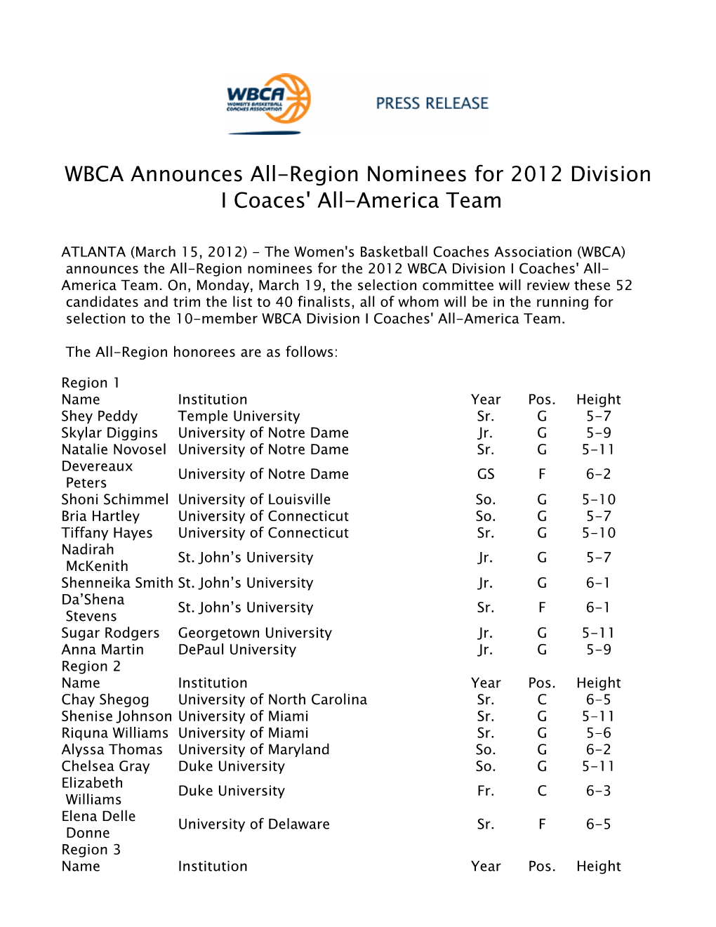 WBCA Announces All-Region Nominees for 2012 Division I Coaches' All-America Team 2011-12 031512