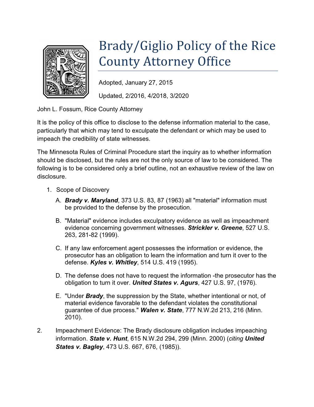 Brady/Giglio Policy of the Rice County Attorney Office