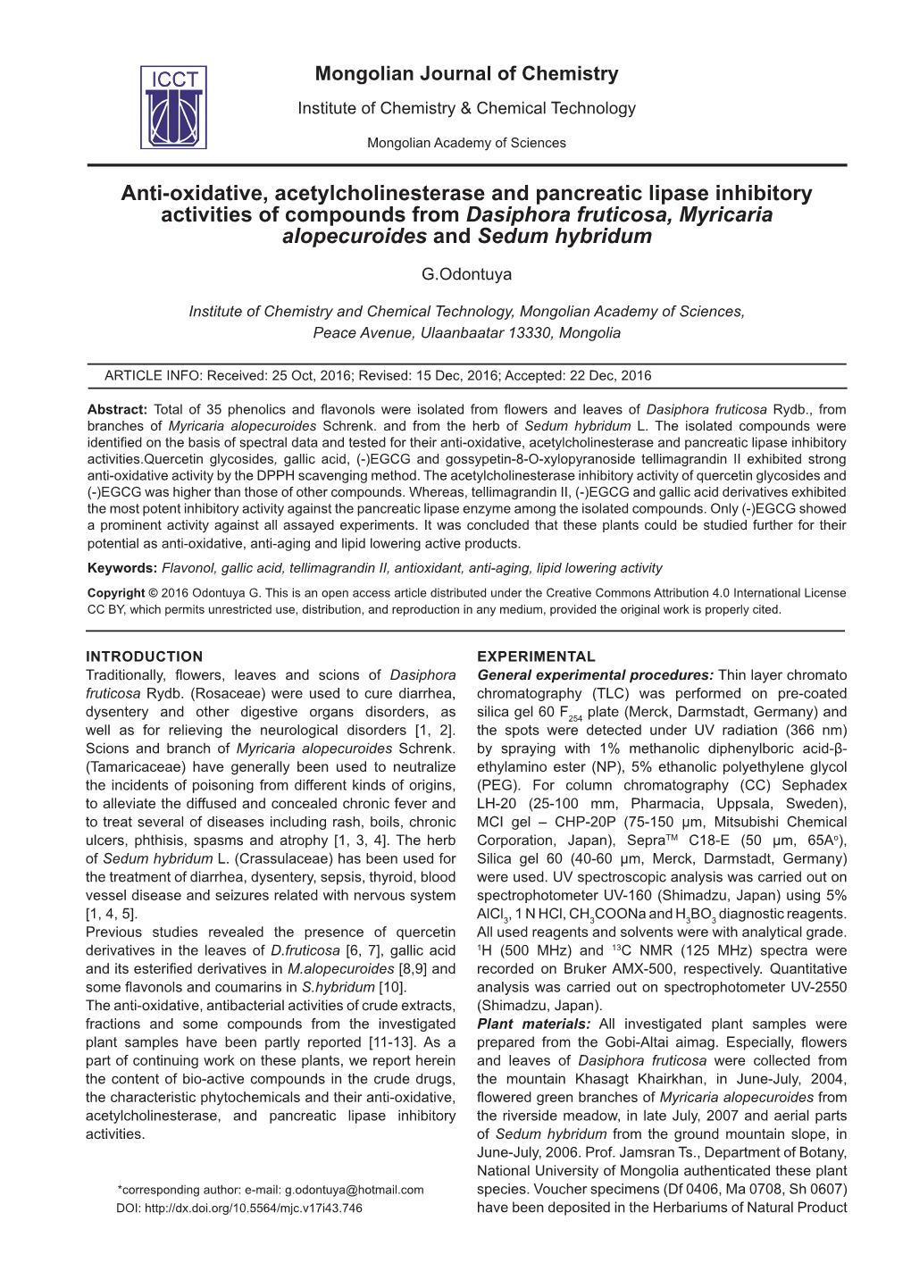 Anti-Oxidative, Acetylcholinesterase and Pancreatic Lipase Inhibitory Activities of Compounds from Dasiphora Fruticosa, Myricaria Alopecuroides and Sedum Hybridum