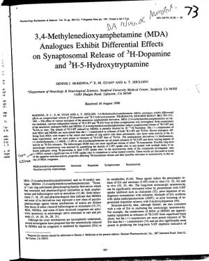 3,4-Methylenedioxyamphetamine (MDA) Analogues Exhibit Differential Effects on Synaptosomal Release of 3H-Dopamine and 3H-5-Hydroxytryptamine