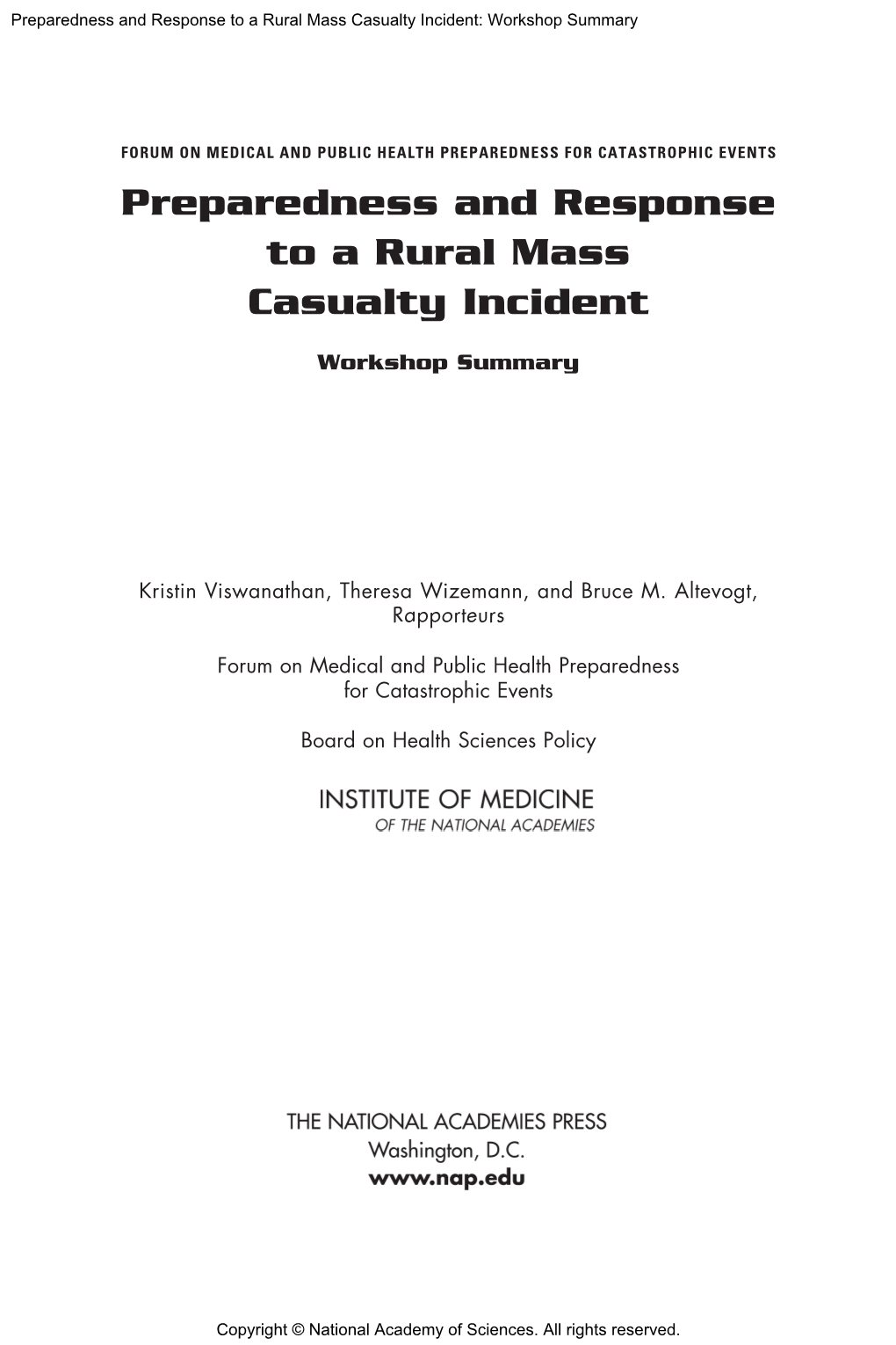 Preparedness and Response to a Rural Mass Casualty Incident: Workshop Summary