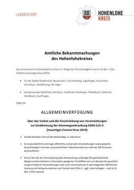 ALLGEMEINVERFÜGUNG Amtliche Bekanntmachungen Des