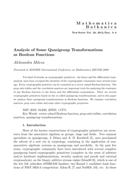 Mathematica Balkanica ————————— Analysis of Some Quasigroup Transformations As Boolean Functions Aleksandra Mi