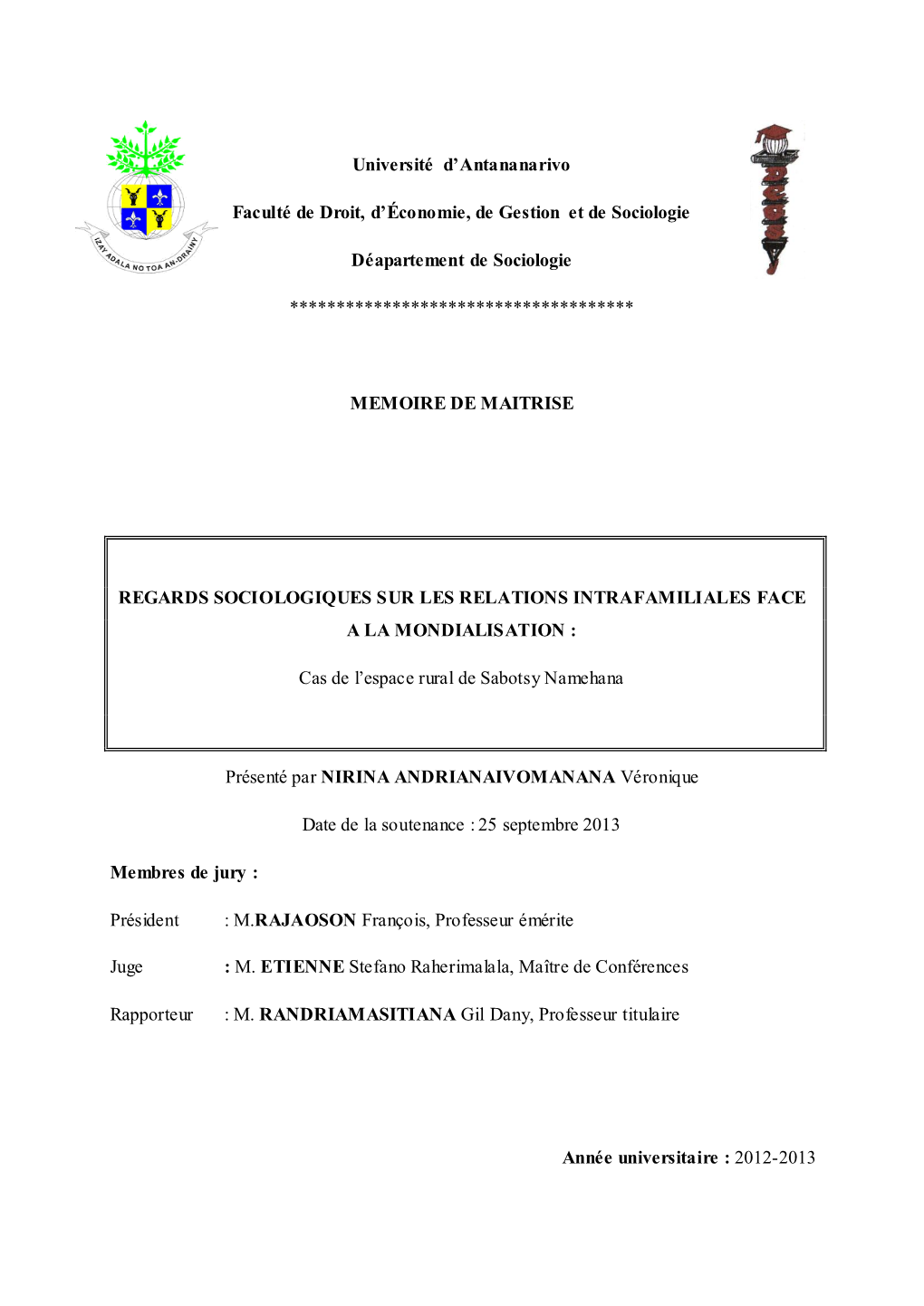 Université D'antananarivo Faculté De Droit, D'économie, De Gestion Et De