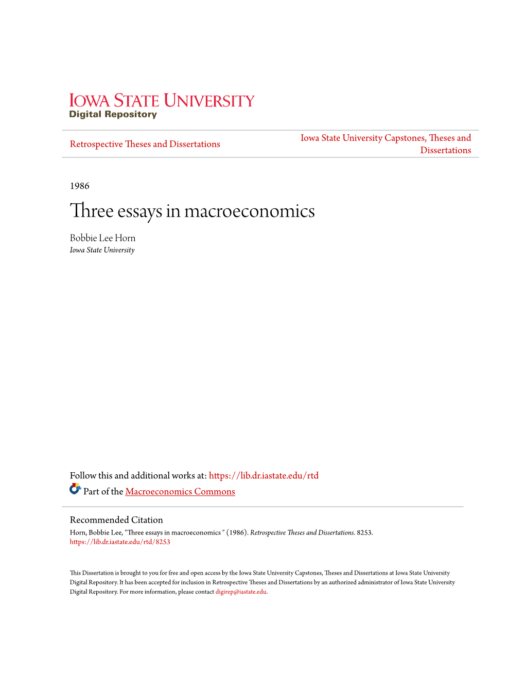 Three Essays in Macroeconomics Bobbie Lee Horn Iowa State University