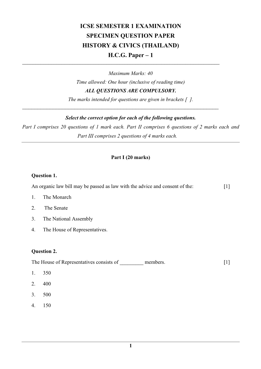 ICSE SEMESTER 1 EXAMINATION SPECIMEN QUESTION PAPER HISTORY & CIVICS (THAILAND) HCG Paper