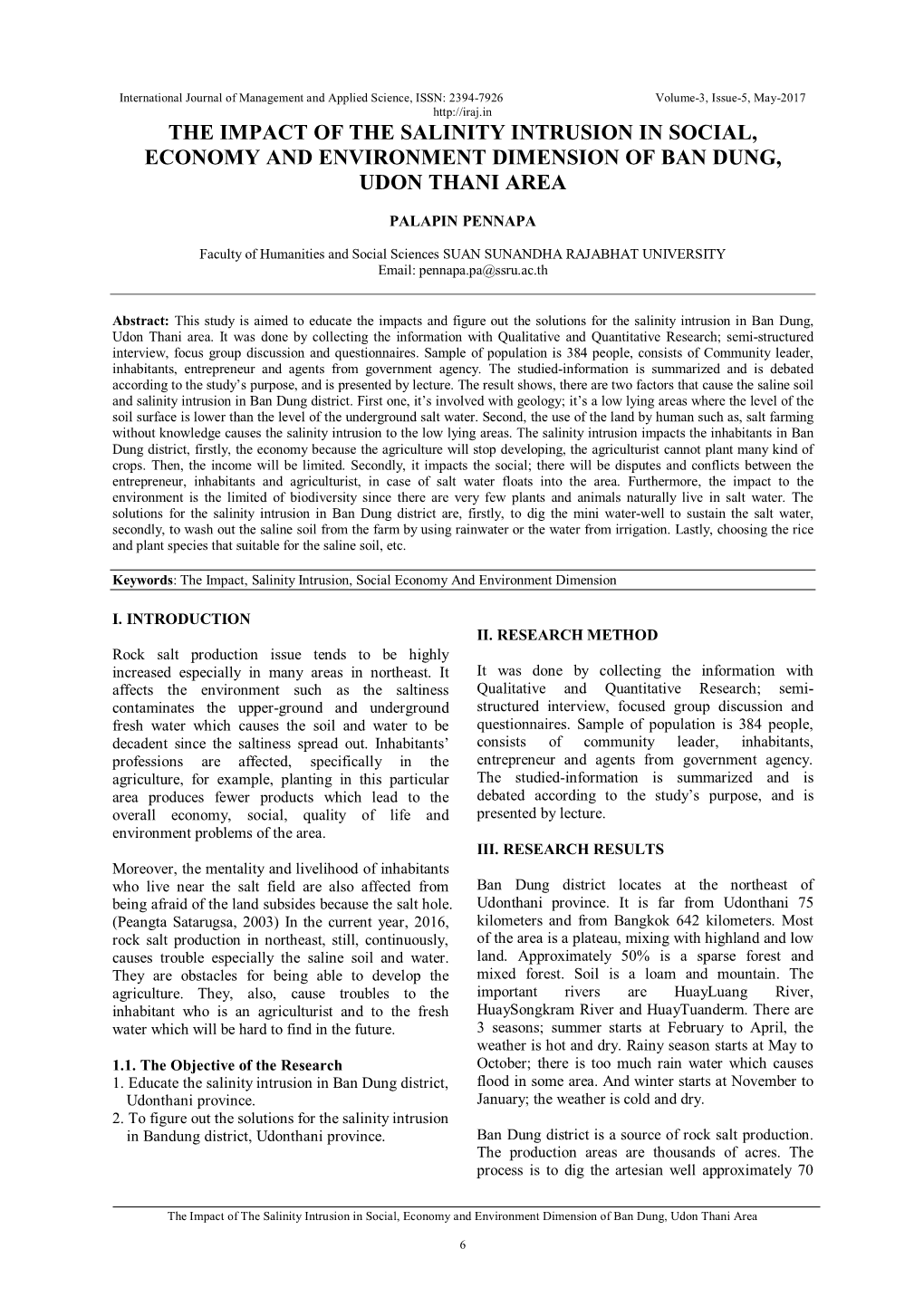 The Impact of the Salinity Intrusion in Social, Economy and Environment Dimension of Ban Dung, Udon Thani Area