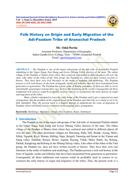 Folk History on Origin and Early Migration of the Adi-Paadam Tribe of Arunachal Pradesh