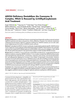 ADCK4 Deficiency Destabilizes the Coenzyme Q Complex, Which Is Rescued by 2,4-Dihydroxybenzoic Acid Treatment”