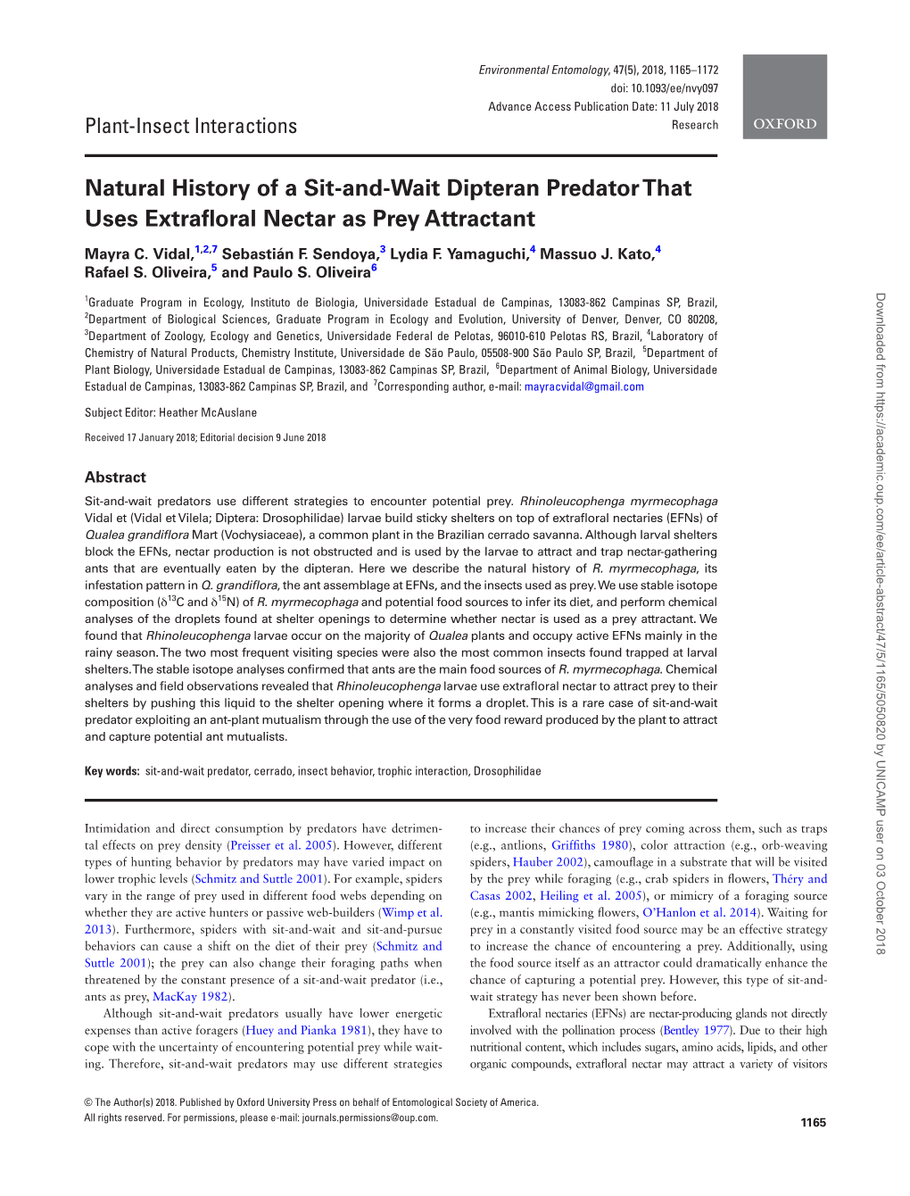 Natural History of a Sit-And-Wait Dipteran Predator That Uses Extrafloral Nectar As Prey Attractant