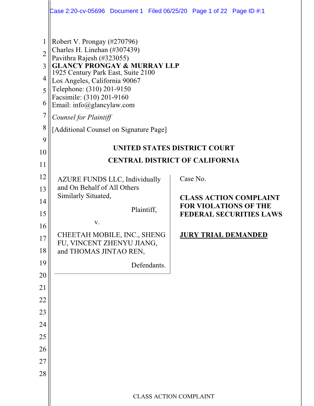 Azure Funds LLC, Et Al. V. Cheetah Mobile, Inc., Et Al. 20-CV-05696