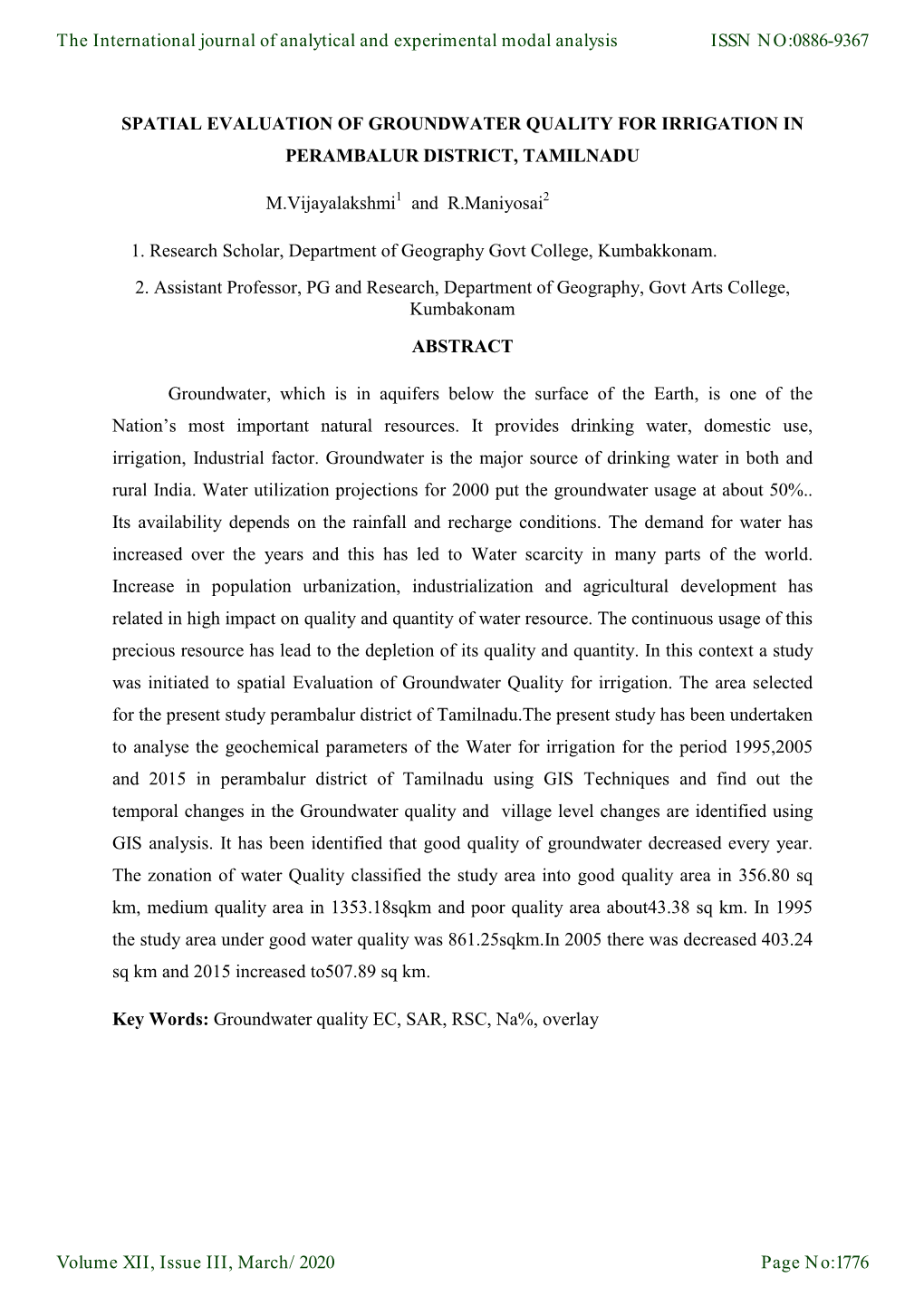 Spatial Evaluation of Groundwater Quality for Irrigation in Perambalur District, Tamilnadu