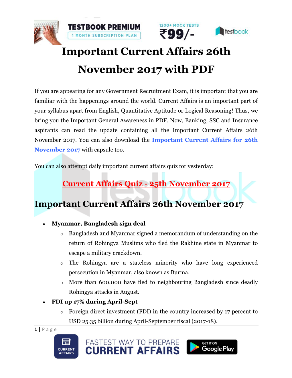 Important Current Affairs 26Th November 2017 with PDF