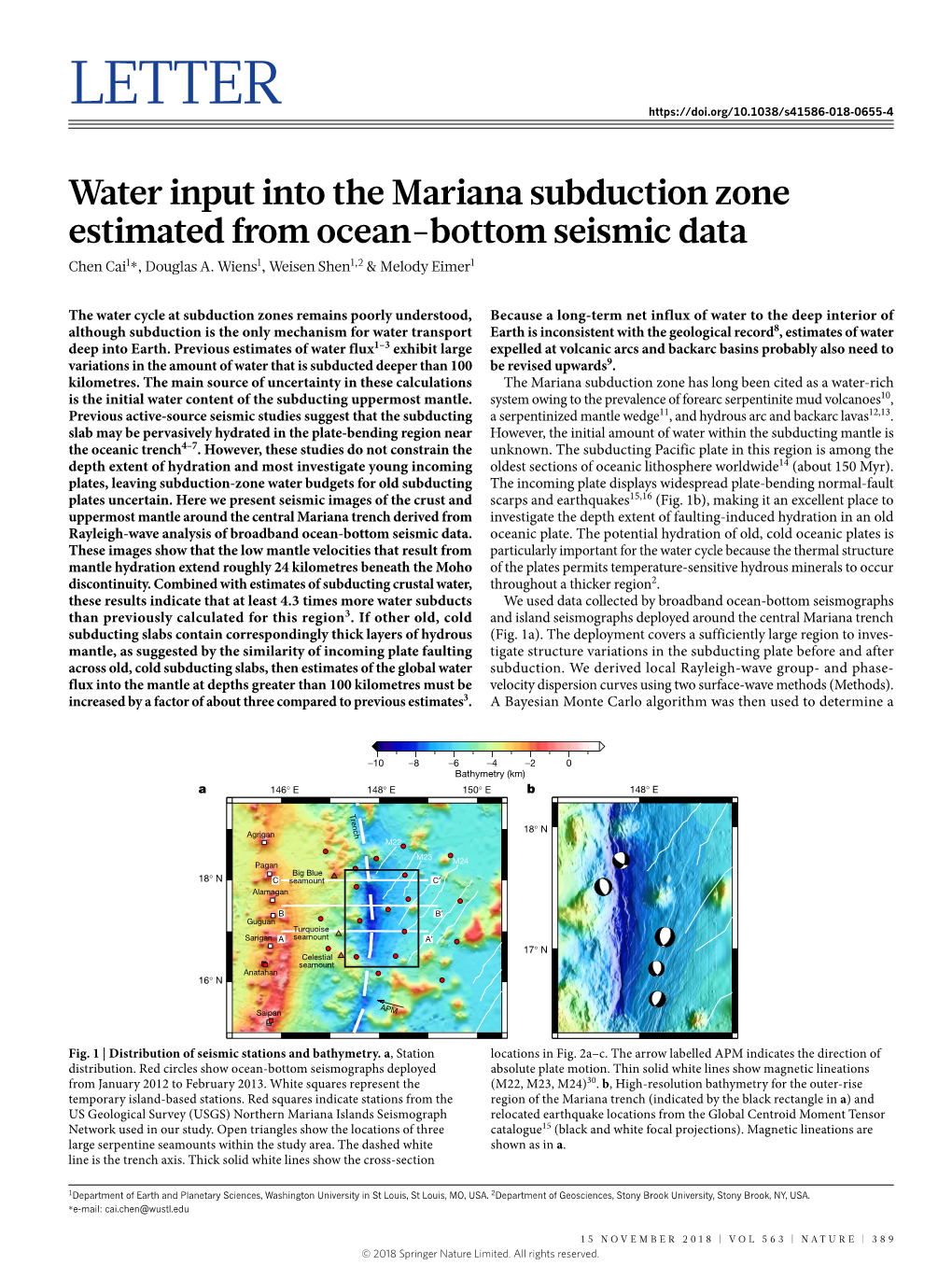 Water Input Into the Mariana Subduction Zone Estimated from Ocean-Bottom Seismic Data Chen Cai1*, Douglas A