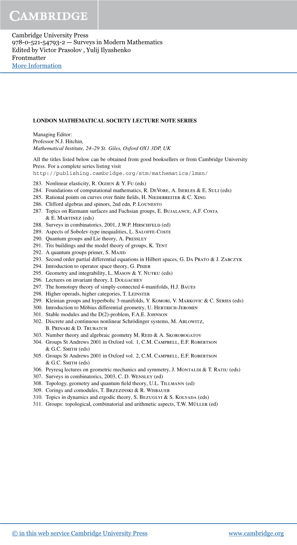 Surveys in Modern Mathematics Edited by Victor Prasolov , Yulij Ilyashenko Frontmatter More Information