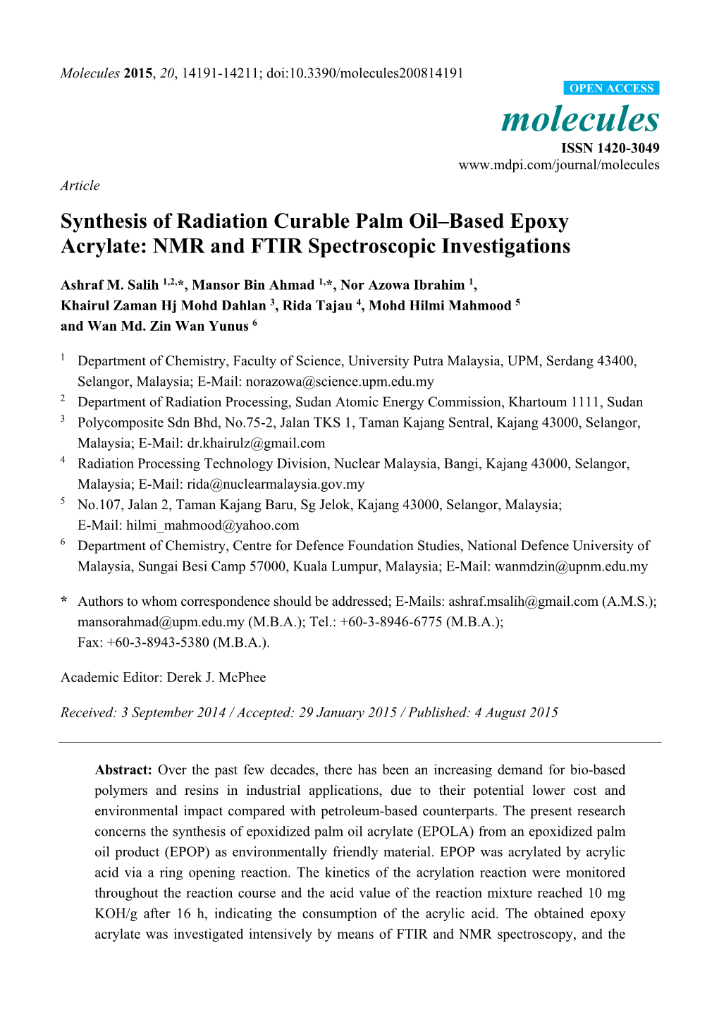 Synthesis of Radiation Curable Palm Oil–Based Epoxy Acrylate: NMR and FTIR Spectroscopic Investigations