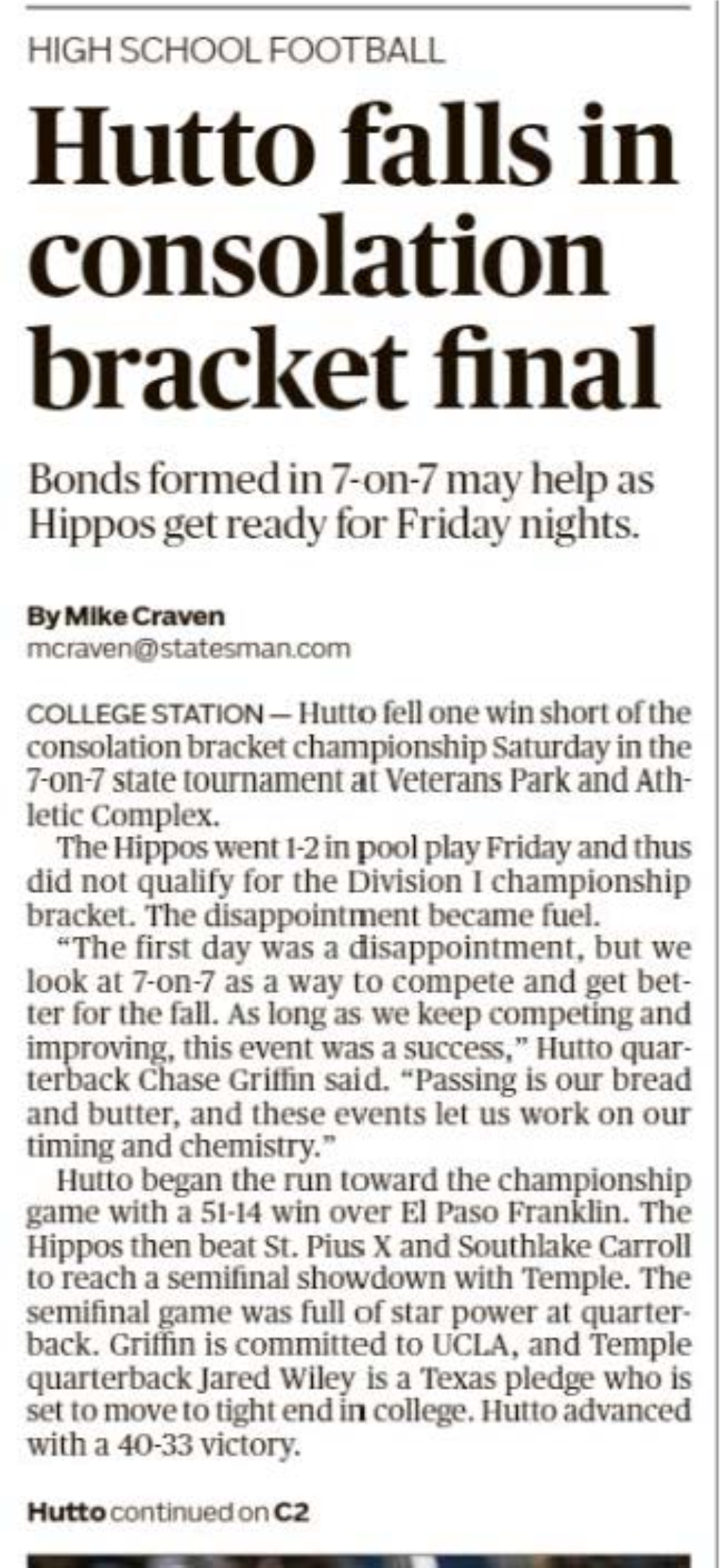 Hutto Falls in Consolation Bracl{Et Final Bonds Formed in 7-On-7 May Help As Hippos Get Ready for Friday Nights