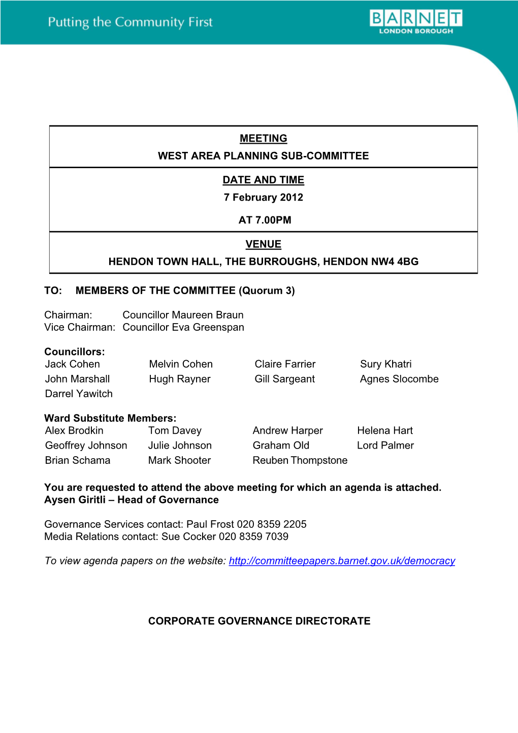 Meeting West Area Planning Sub-Committee Date and Time