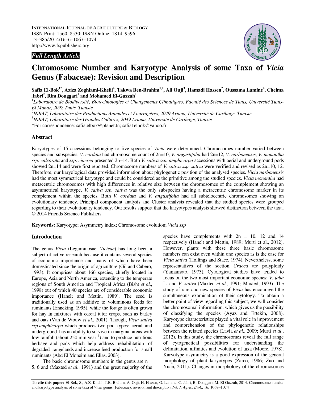 Chromosome Number and Karyotype Analysis of Some Taxa of Vicia Genus (Fabaceae): Revision and Description