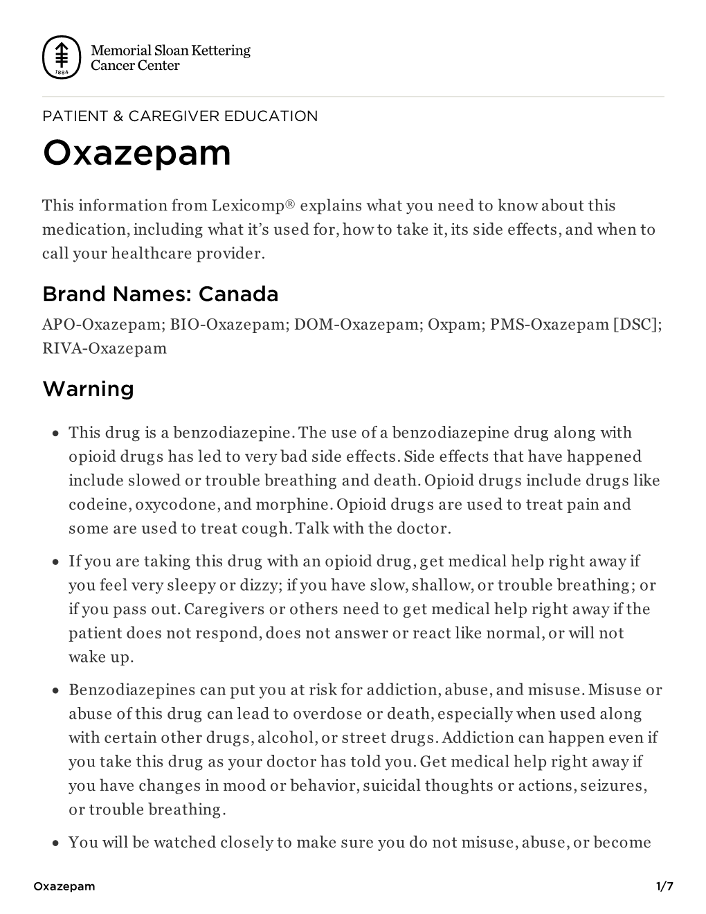 Oxazepam | Memorial Sloan Kettering Cancer Center