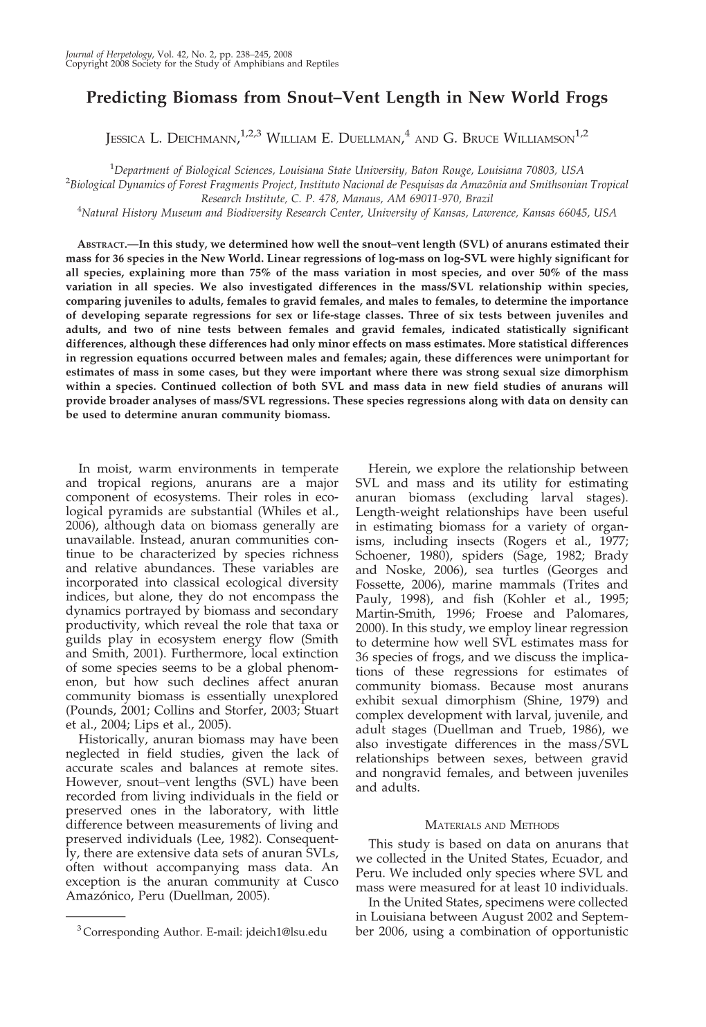 Predicting Biomass from Snout–Vent Length in New World Frogs