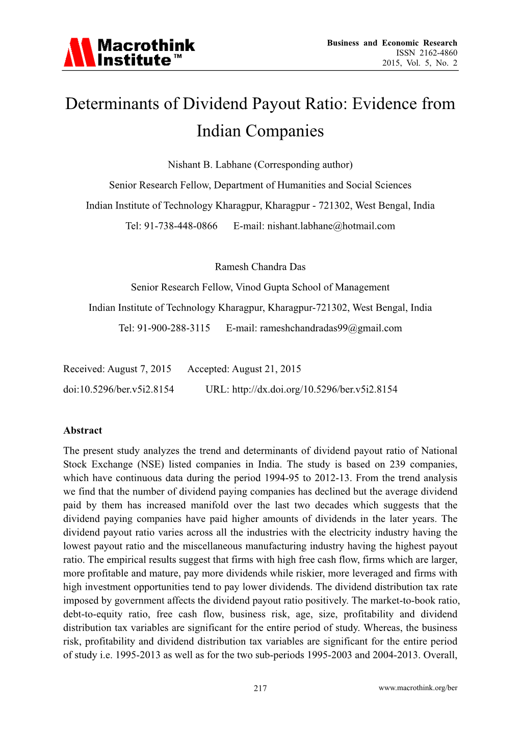 Determinants of Dividend Payout Ratio: Evidence from Indian Companies