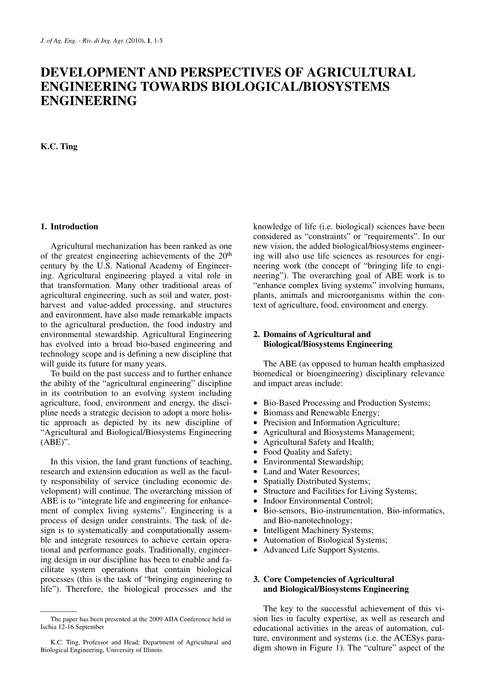 Development and Perspectives of Agricultural Engineering Towards Biological/Biosystems Engineering