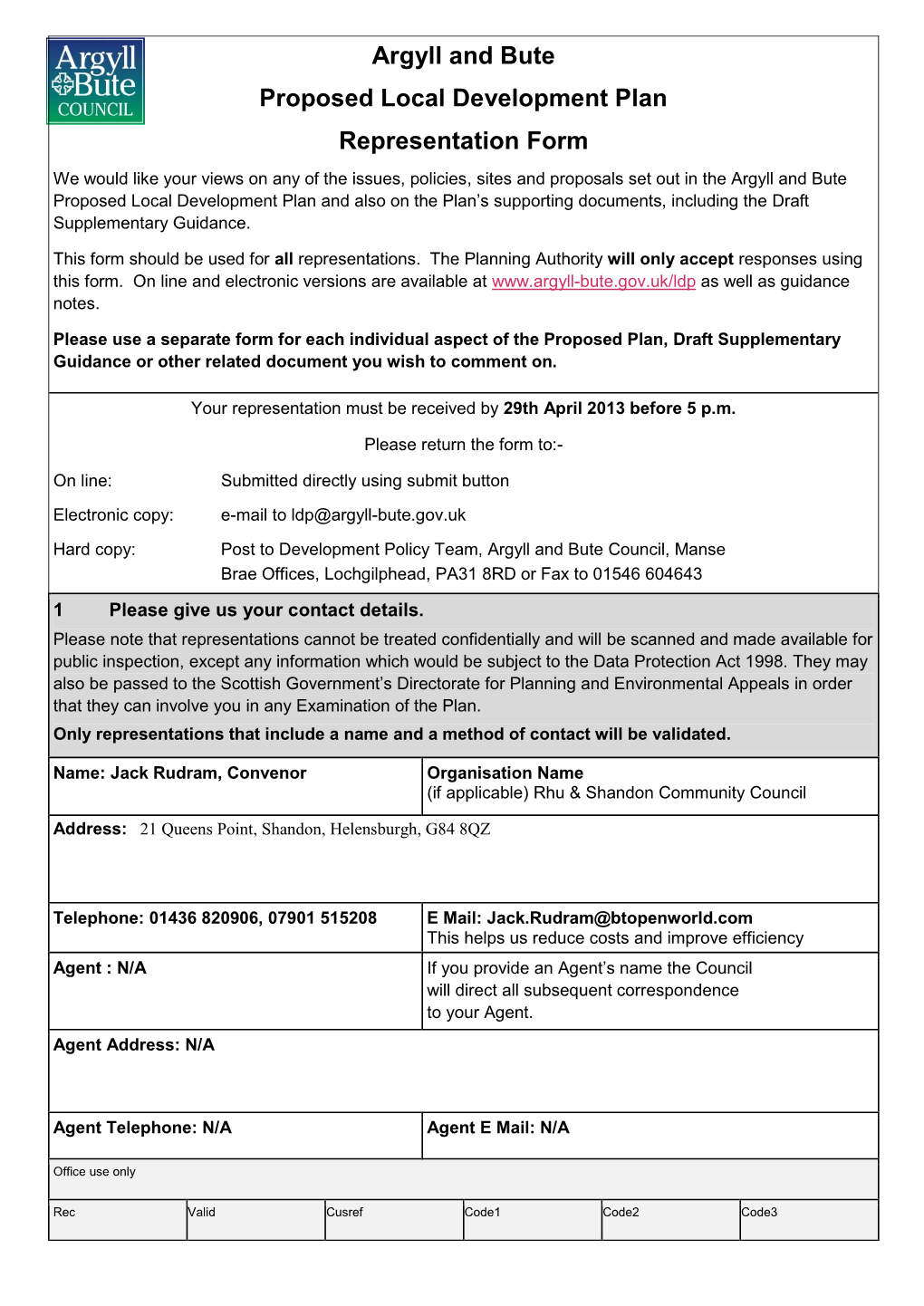 Argyll and Bute Proposed Local Development Plan Representation