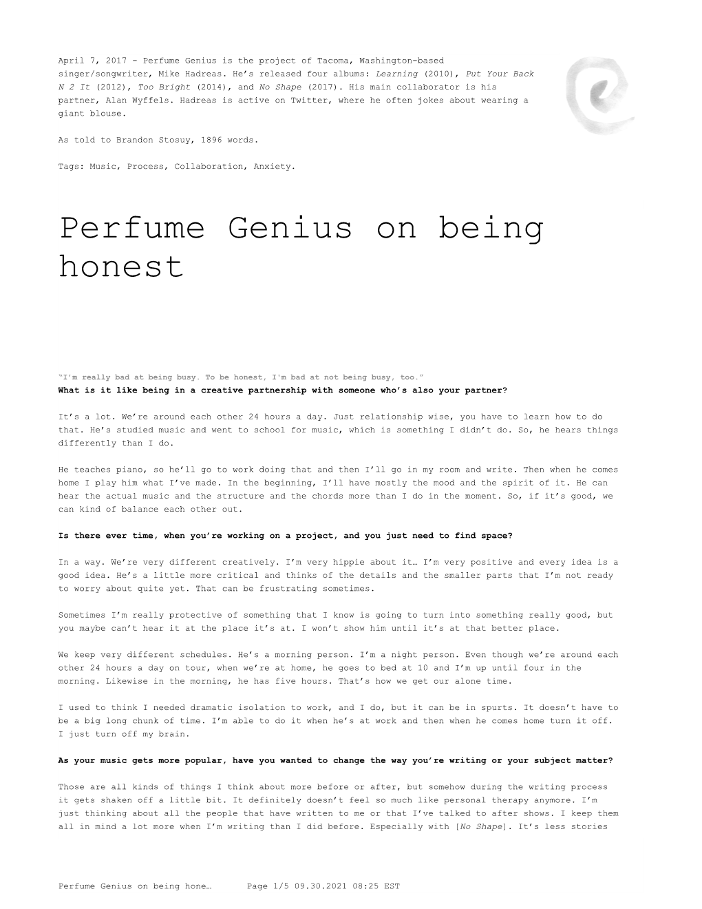 Perfume Genius on Being Honest