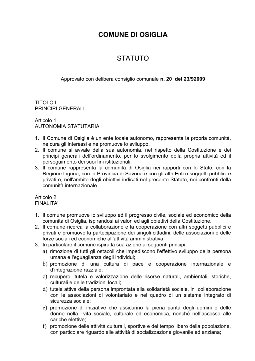 Comune Di Osiglia Statuto