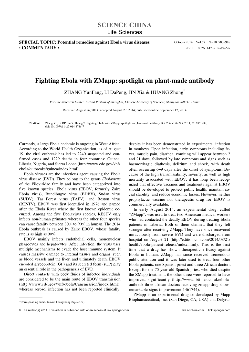 SCIENCE CHINA Fighting Ebola with Zmapp: Spotlight on Plant-Made