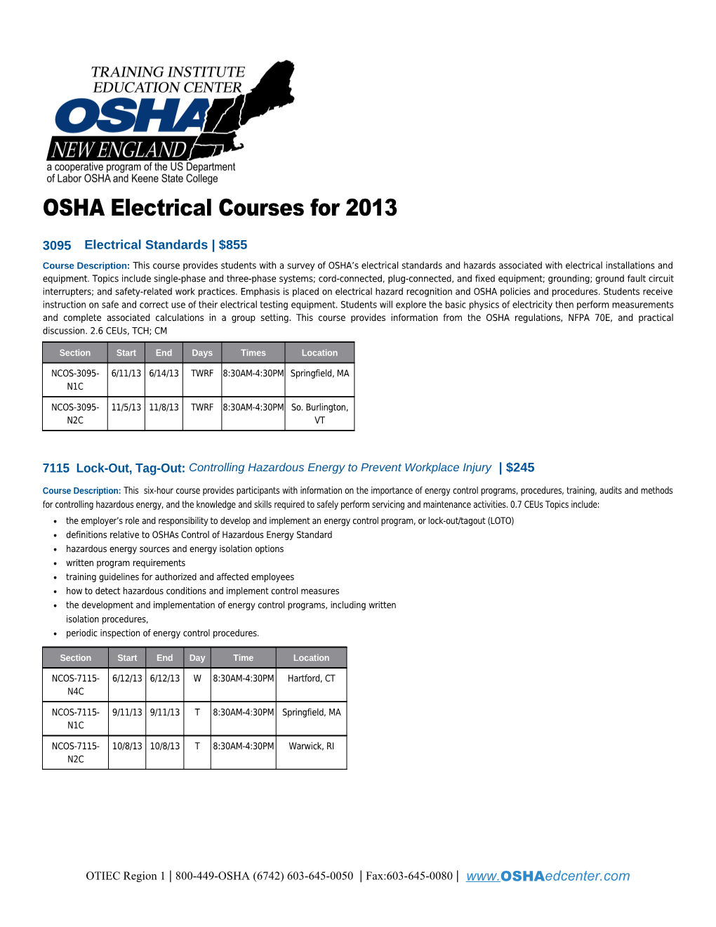 OSHA Electrical Courses for 2013