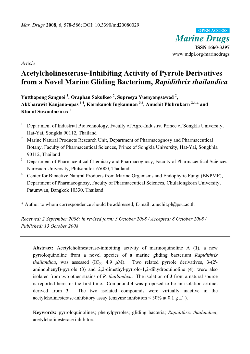 Acetylcholinesterase-Inhibiting Activity of Pyrrole Derivatives from a Novel Marine Gliding Bacterium, Rapidithrix Thailandica