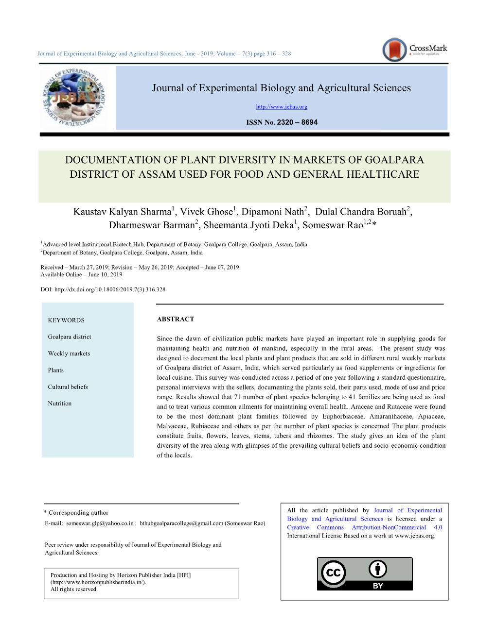 Journal of Experimental Biology and Agricultural Sciences, June - 2019; Volume – 7(3) Page 316 – 328