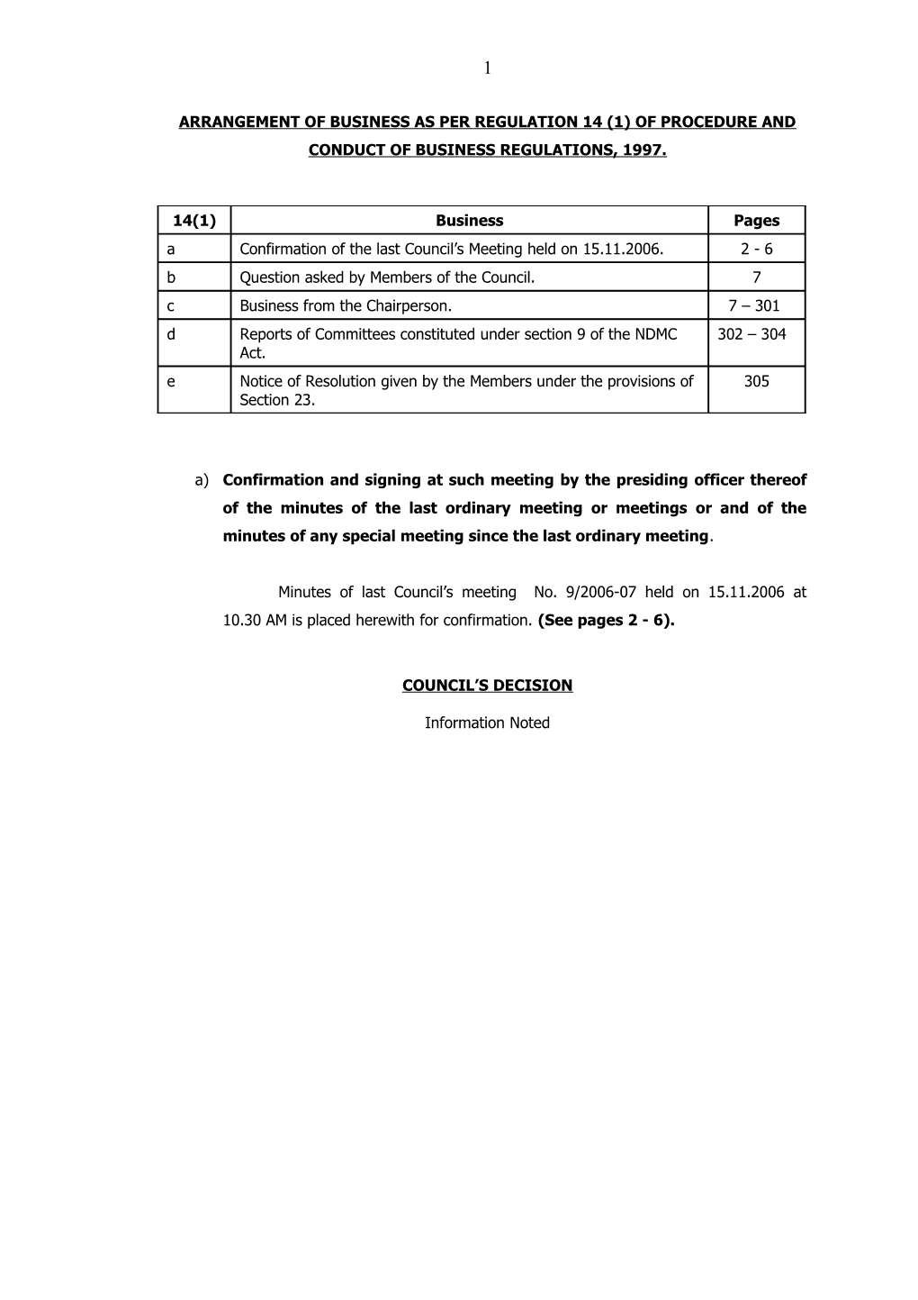 List of Business As Per the Section 23 of Ndmc Act & Section 14 of the Procedure and Conduct