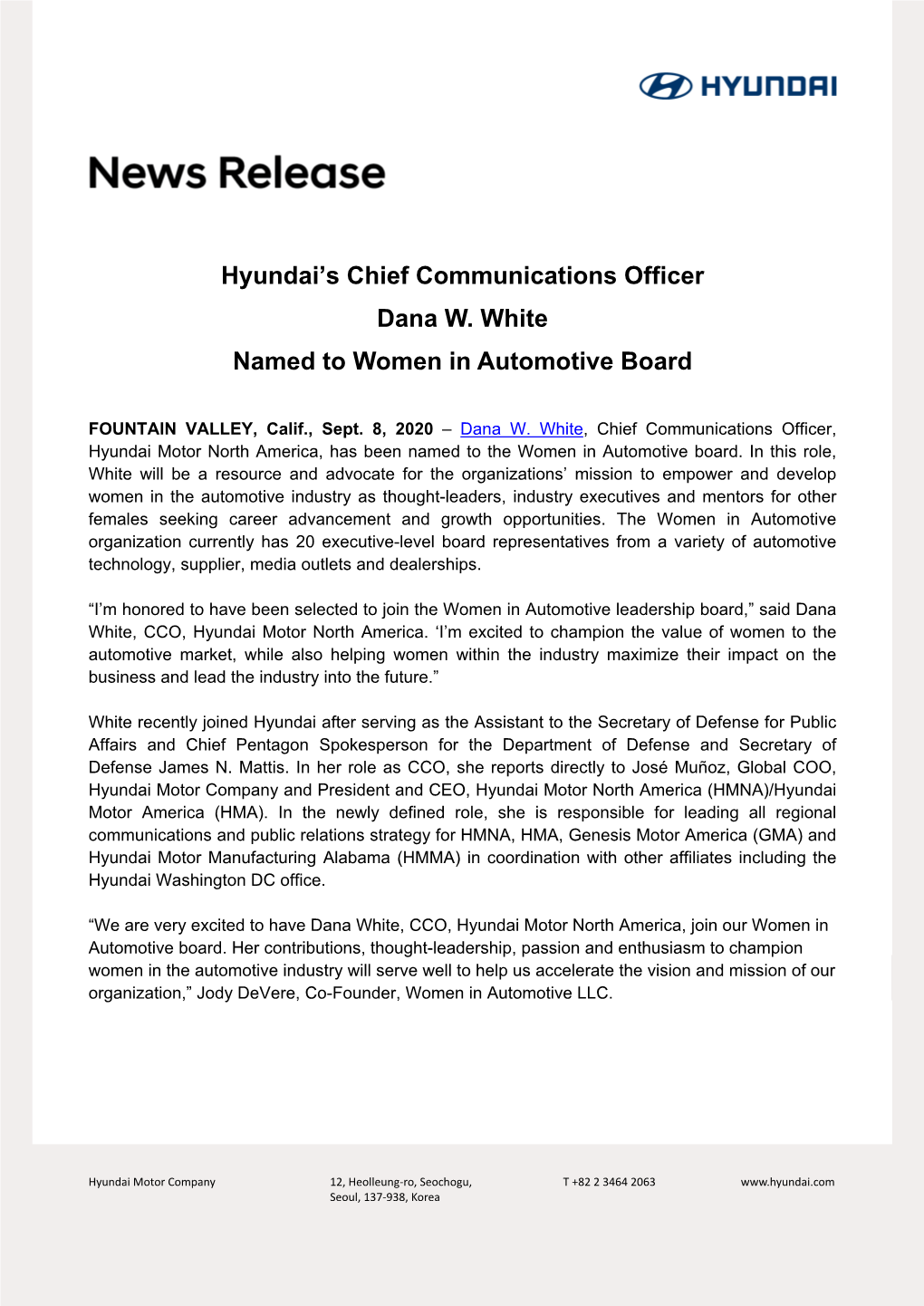 Hyundai's Chief Communications Officer Dana W. White Named To