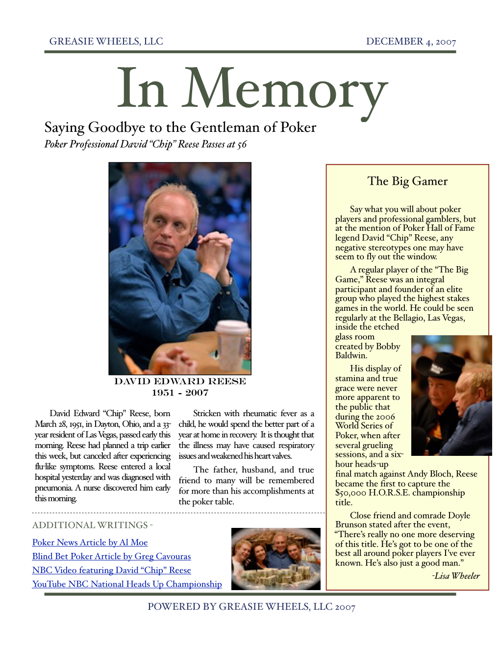 Saying Goodbye to the Gentleman of Poker Poker Professional David “Chip” Reese Passes at 56