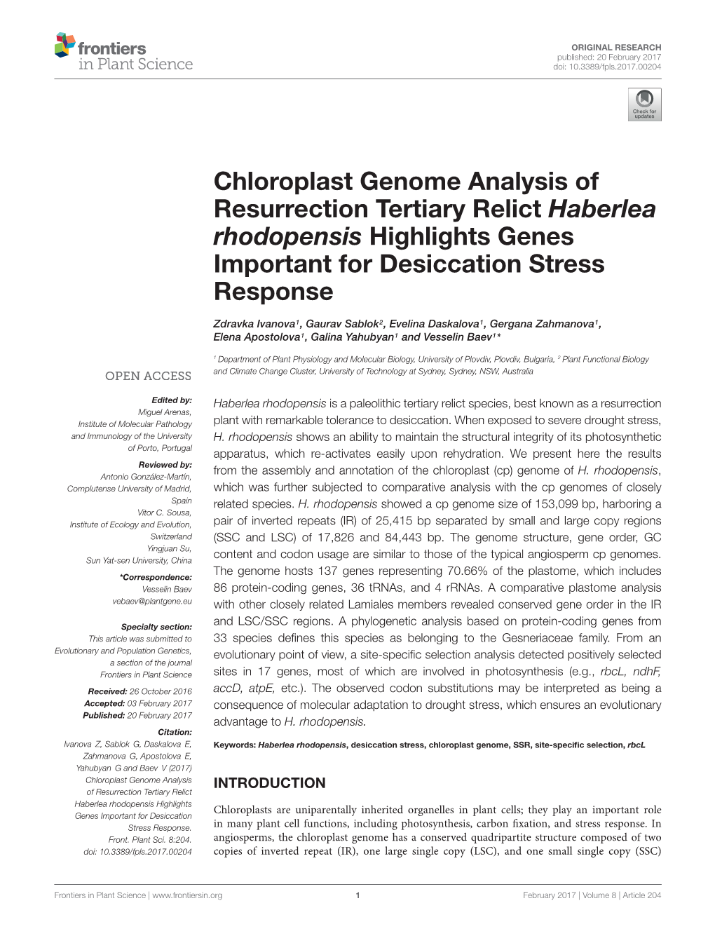 Chloroplast Genome Analysis of Resurrection Tertiary Relict Haberlea Rhodopensis Highlights Genes Important for Desiccation Stress Response