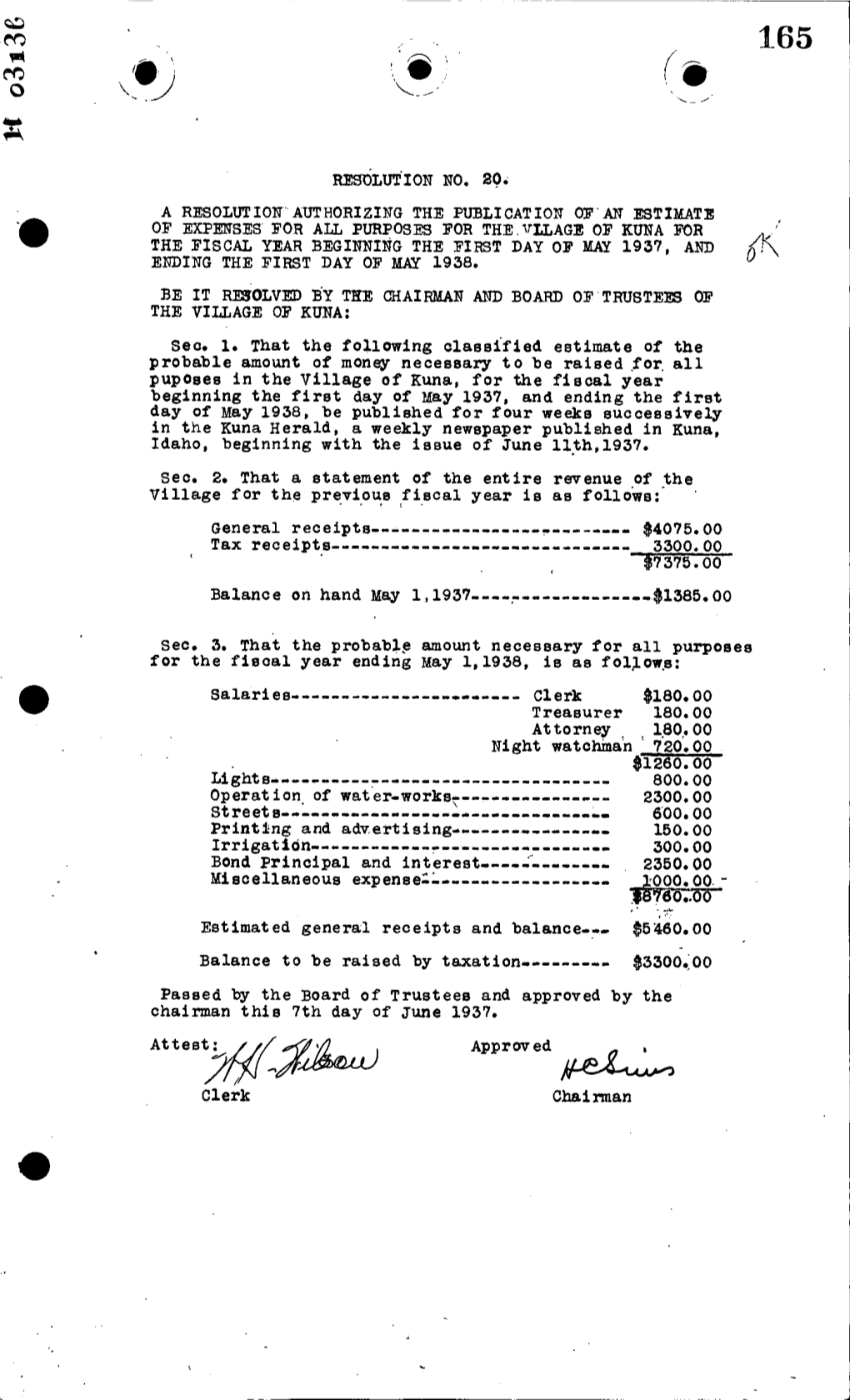 R20-1937 Authorizing Publication of Expenses Estimate
