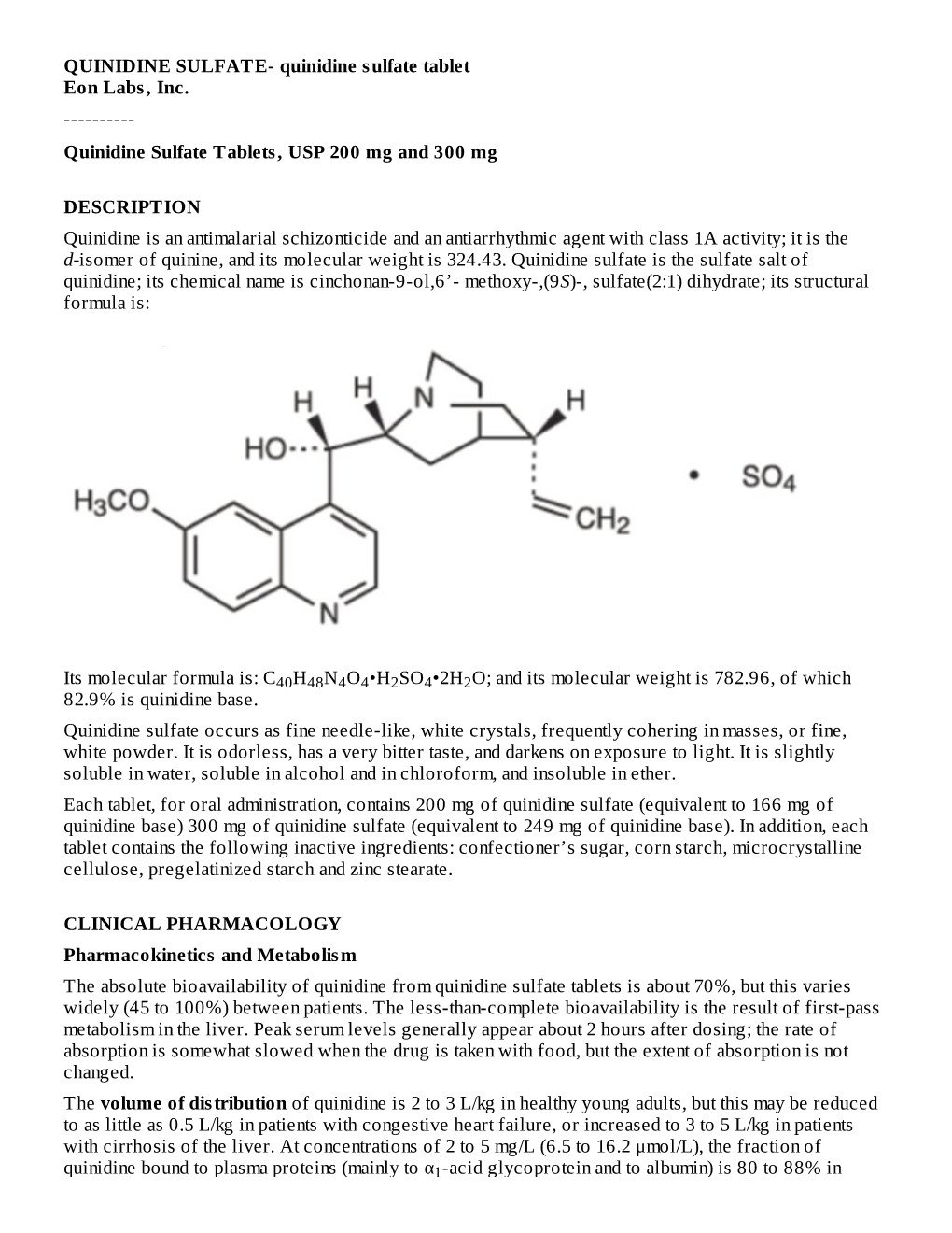 Quinidine Sulfate Tablets, USP 200 Mg and 300 Mg