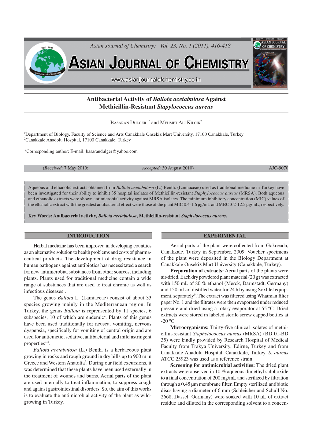 Antibacterial Activity of Ballota Acetabulosa Against Methicillin-Resistant Stapylococcus Aureus