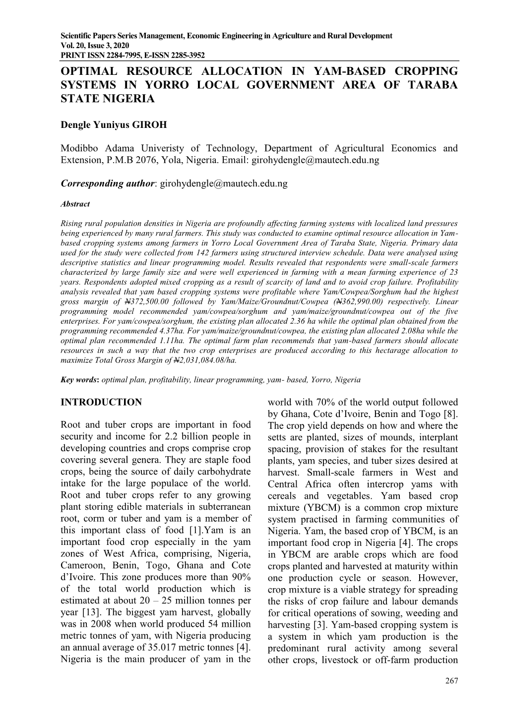 Optimal Resource Allocation in Yam-Based Cropping Systems in Yorro Local Government Area of Taraba State Nigeria