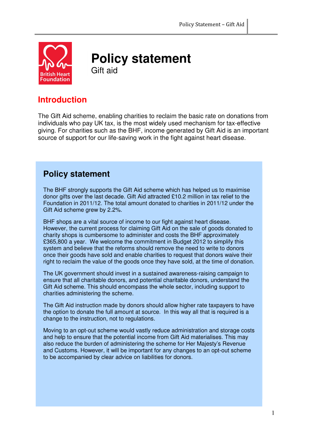 Policy Statement – Gift Aid