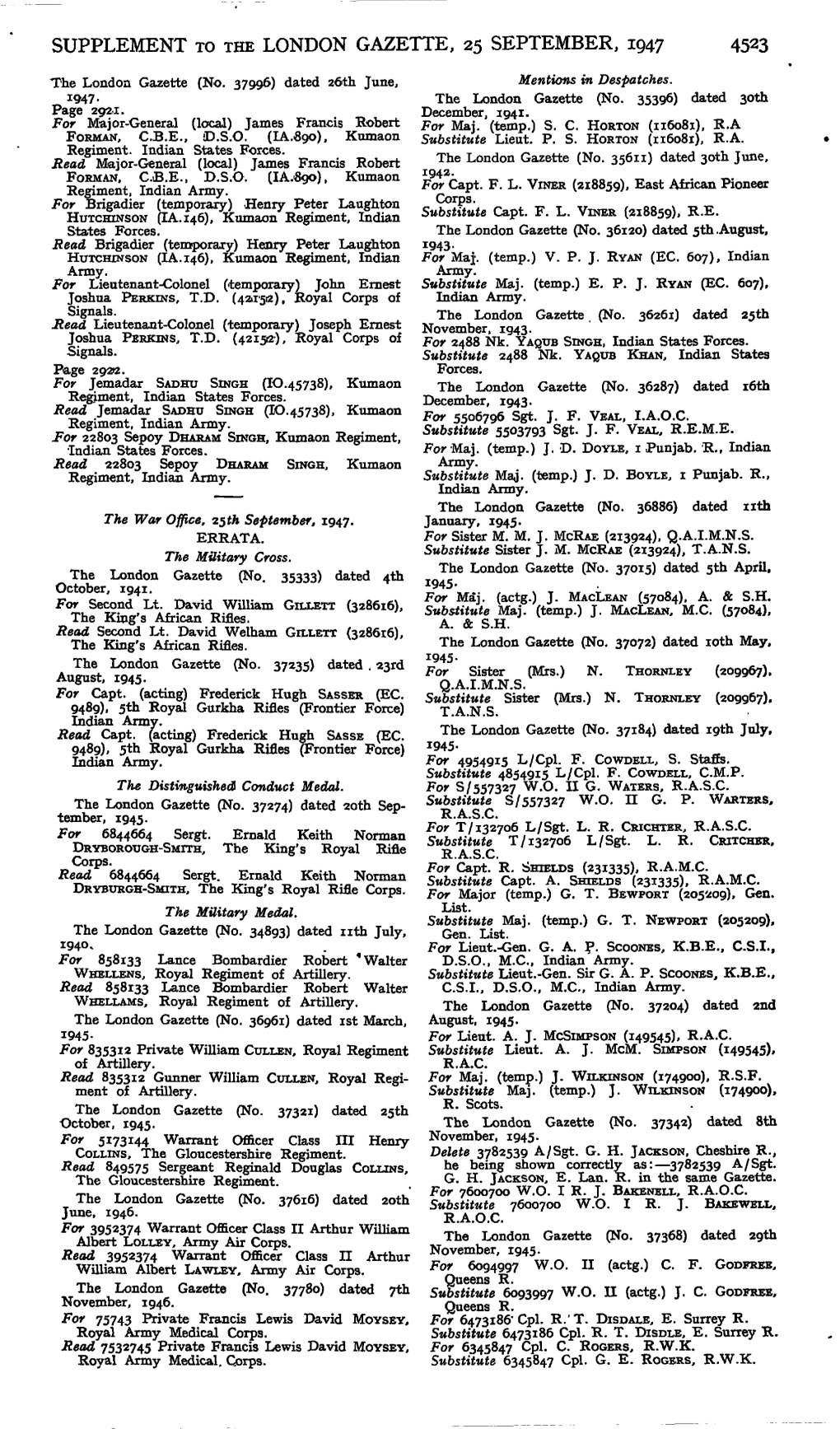 Supplement to the London Gazette, 25 September, 1947 4523