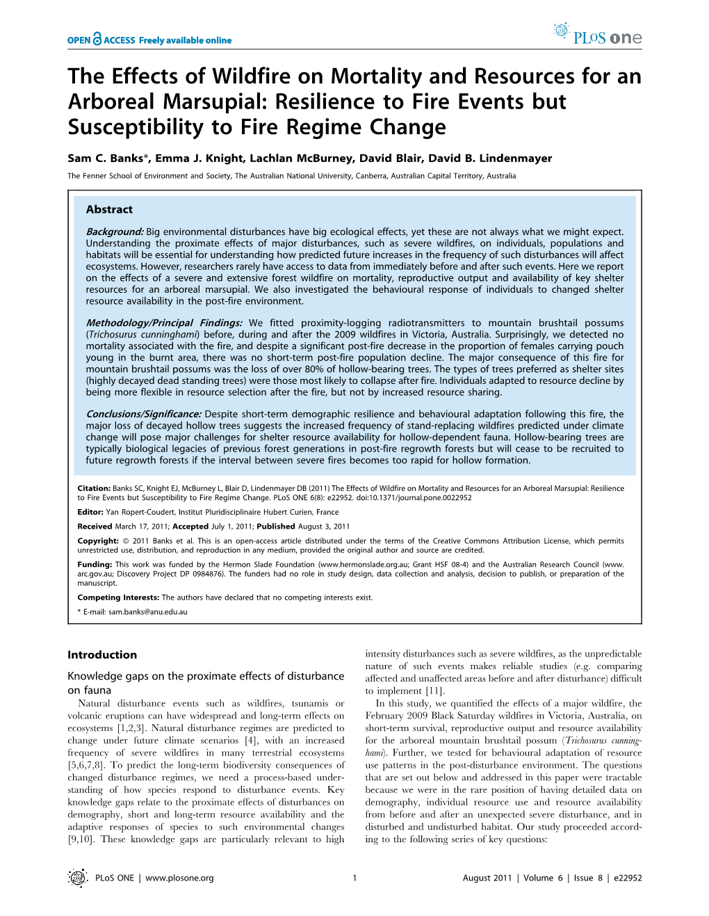 The Effects of Wildfire on Mortality and Resources for an Arboreal Marsupial: Resilience to Fire Events but Susceptibility to Fire Regime Change