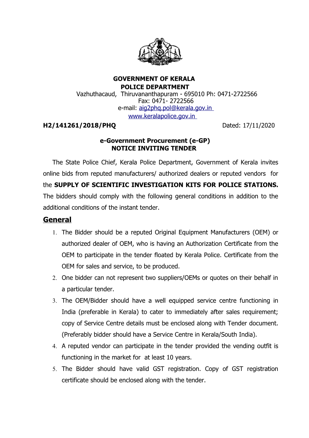 695010 Ph: 0471-2722566 Fax: 0471- 2722566 E-Mail: Aig2phq.Pol @Kerala.Gov.In H2/141261/2018/PHQ Dated: 17/11/2020