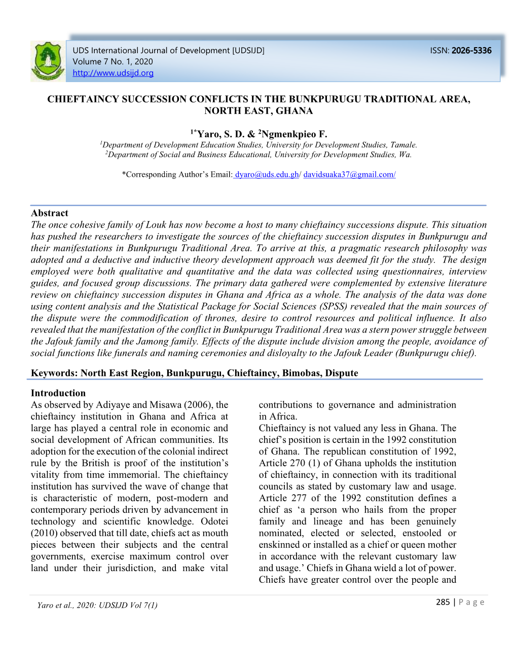 Chieftaincy Succession Conflicts in the Bunkpurugu Traditional Area, North East, Ghana